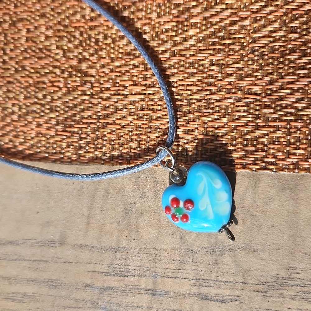 Cute choker with blue heart, leather cord, handmade new
